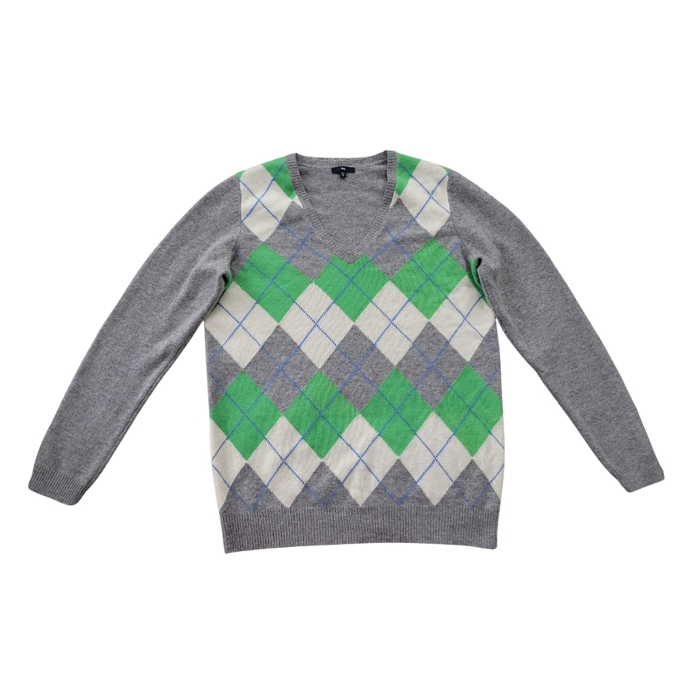 GAP Gray and Green Argyle V-Neck Sweater XL Tall